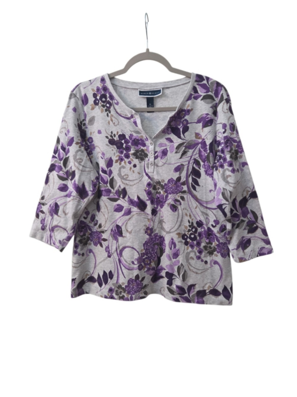 Karen Scott XL Purple Floral Henley 3/4 Sleeve Top
